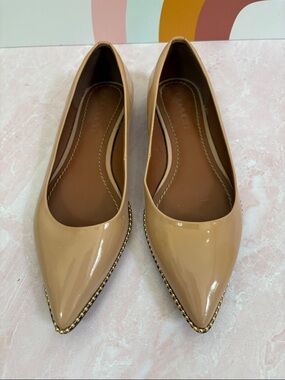 Coach Nude Patent Leather Pointed Toe Flats w/ Gold Beaded Trim – Size 6.5